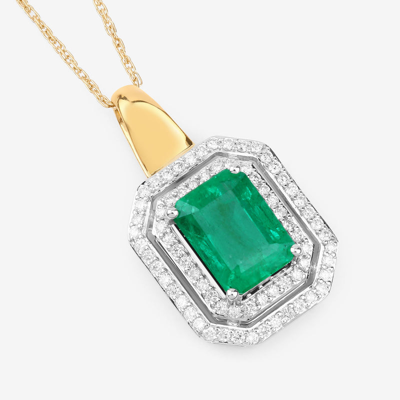 IGI Certified 2.37 Carat Genuine Zambian Emerald and White Diamond 14K Yellow & White Gold Pendant