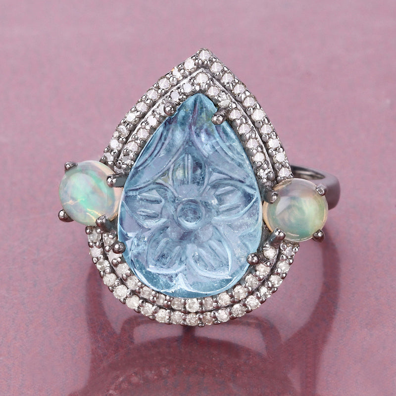 10.32 Carat Genuine Opal, Blue Topaz and White Diamond .925 Sterling Silver Ring