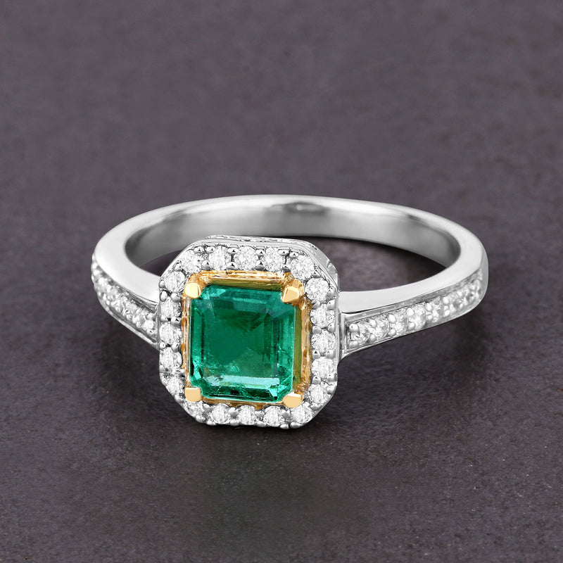 1.18 Carat Genuine Emerald and White Diamond 14K White Gold Ring