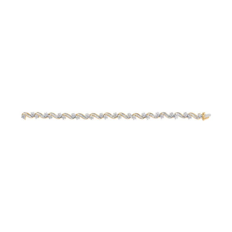 10k Yellow Gold 3.00 Cttw Round-Cut and Baguette-Cut Floral Link 7.25" Bracelet (I-J Color, I1-I2 Clarity)