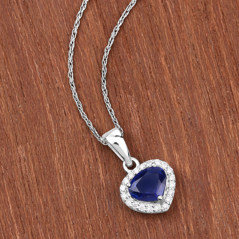 1.09 Carat Genuine Blue Sapphire and White Diamond 14K White Gold Pendant