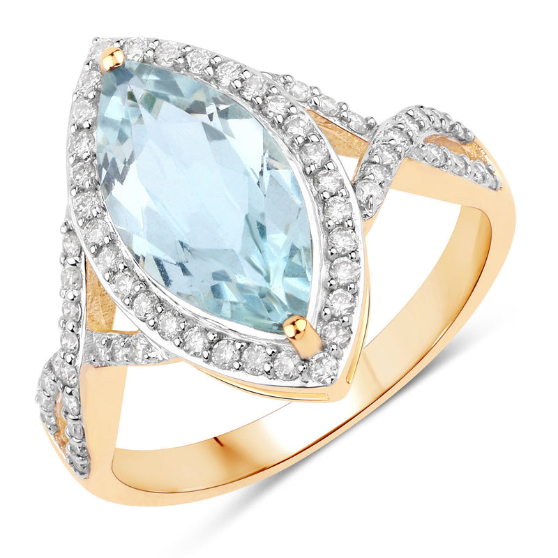 2.24 Carat Genuine Aquamarine and White Diamond 14K Yellow Gold Ring