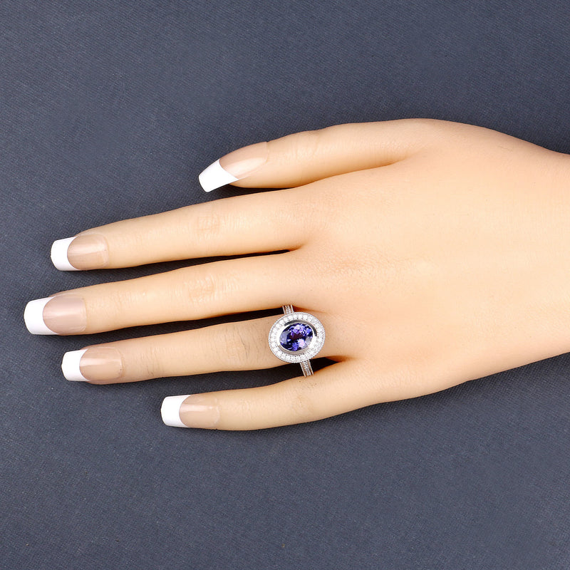 2.94 Carat Genuine Tanzanite and White Diamond 14K White Gold Ring