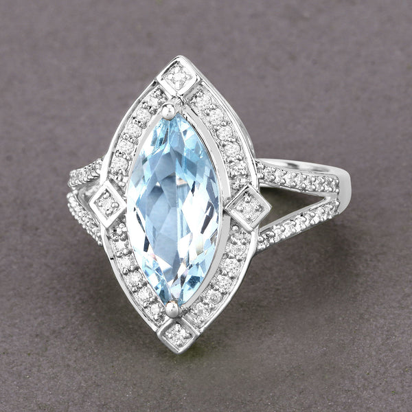 2.44 Carat Genuine Aquamarine and White Diamond 14K White Gold Ring