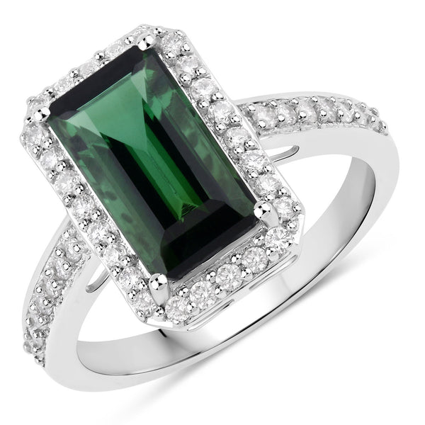 3.06 Carat Genuine Green Tourmaline and White Diamond 14K White Gold Ring