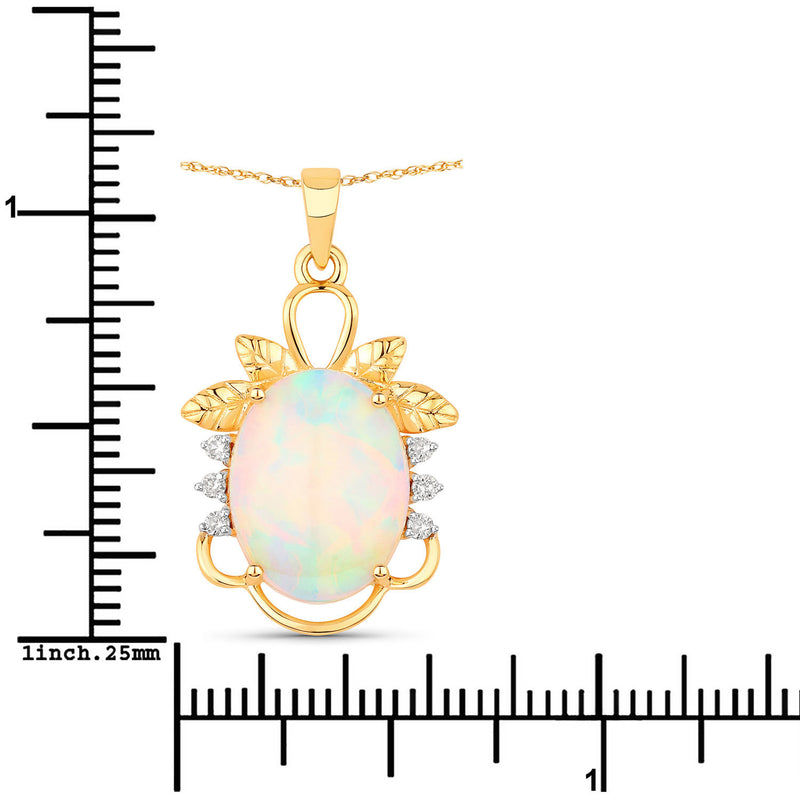 3.57 Carat Genuine Ethiopian Opal and White Diamond 14K Yellow Gold Pendant