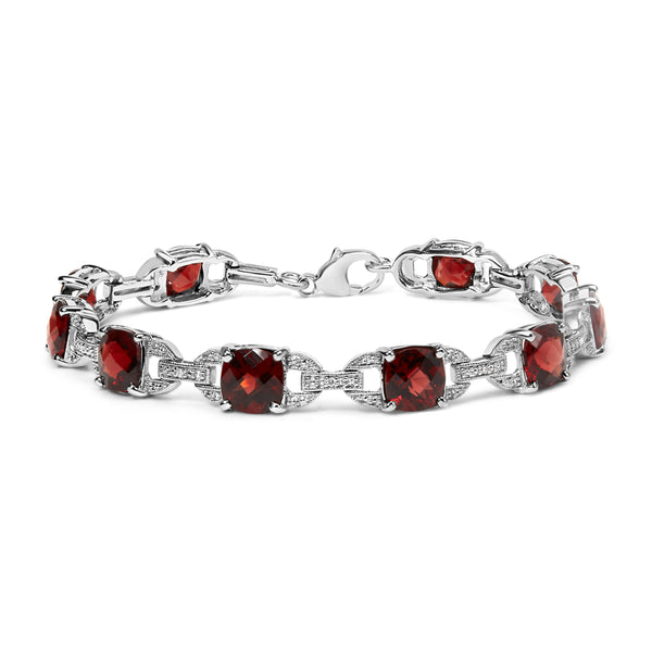 .925 Sterling Silver 7x7mm Checkered Cushion Red Garnet and Diamond Accent Fashion Tennis Link Bracelet (I-J Color, I1-I2 Clarity) - Size 7" Inch