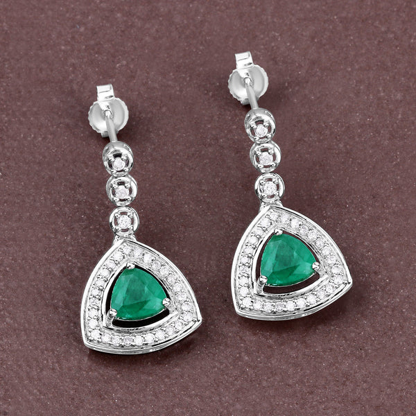 1.39 Carat Genuine Zambian Emerald and White Diamond 14K White Gold Earrings