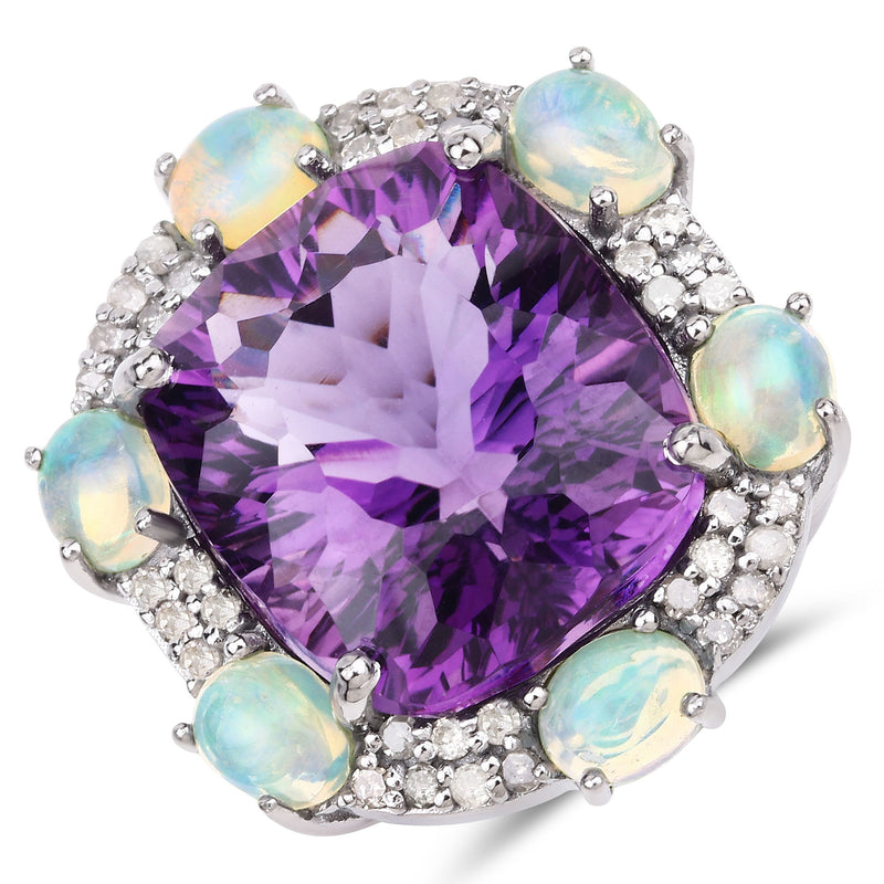 16.22 Carat Genuine Opal, Amethyst and White Diamond .925 Sterling Silver Ring