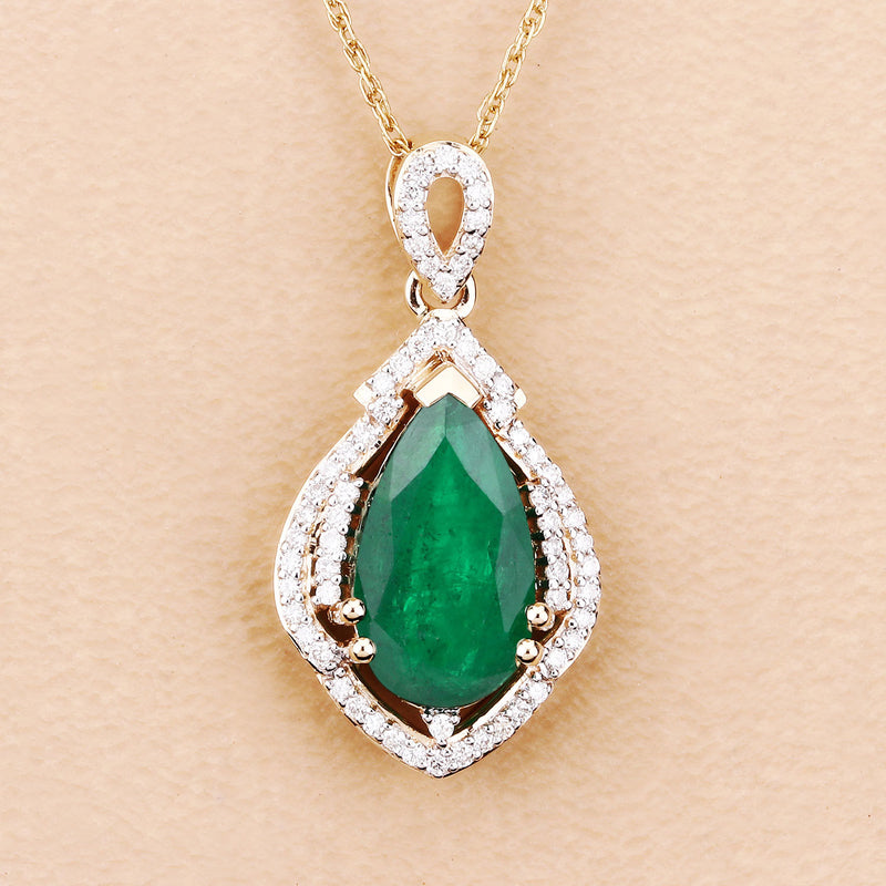 IGI Certified 2.64 Carat Genuine Zambian Emerald and White Diamond 14K Yellow Gold Pendant