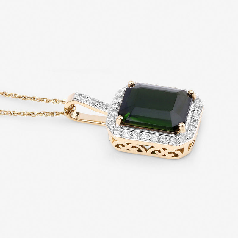 4.36 Carat Genuine Green Tourmaline and White Diamond 14K Yellow Gold Pendant