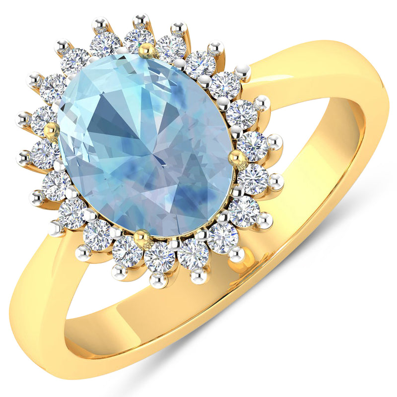 1.24 Carat Genuine Aquamarine and White Diamond 14K Yellow Gold Ring