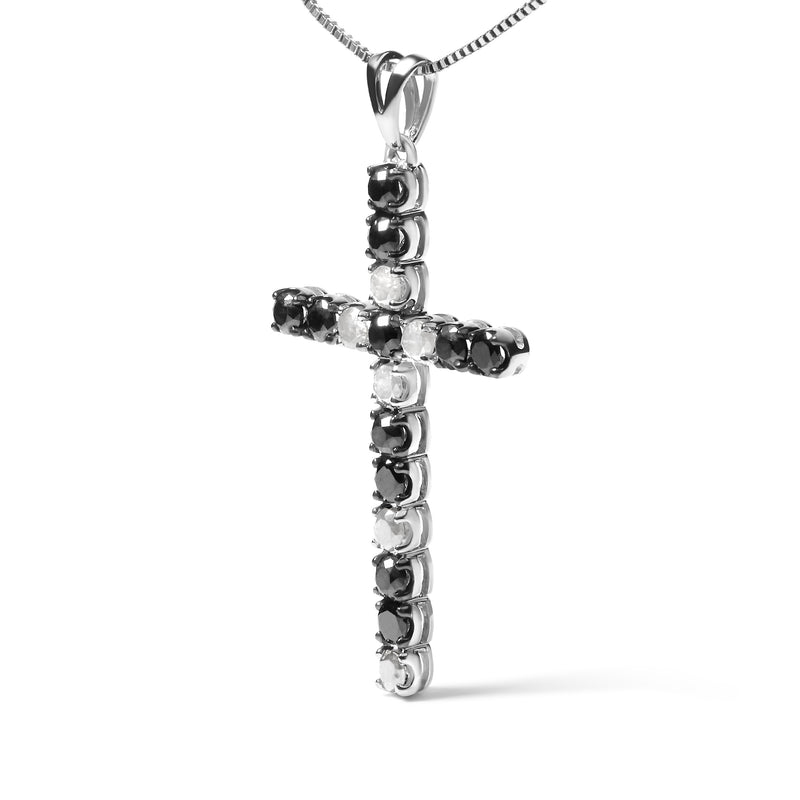 .925 Sterling Silver 1.0 Cttw Black and White Diamond Alternating Classic Cross 18" Pendant Necklace (Black/I-J Color, I3 Clarity)"