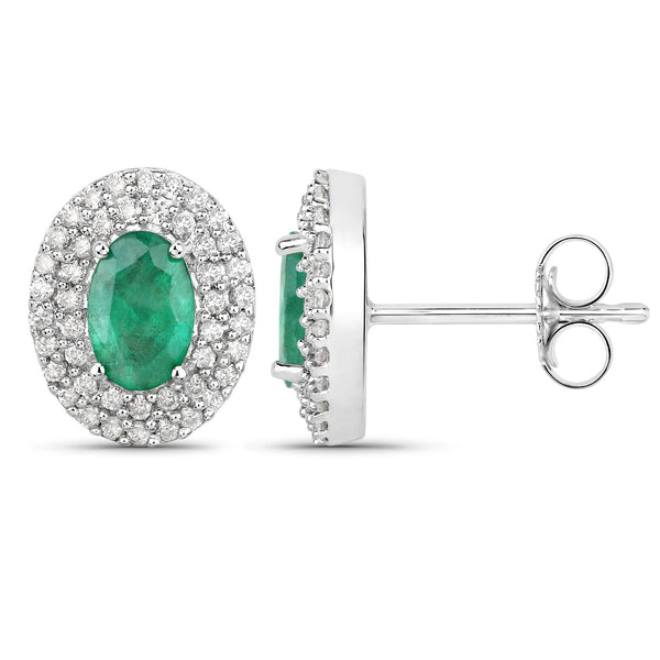 1.20 Carat Genuine Zambian Emerald and White Diamond 14K White Gold Earrings