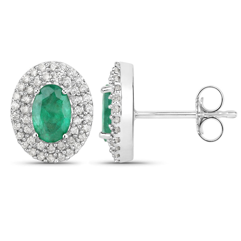 1.20 Carat Genuine Zambian Emerald and White Diamond 14K White Gold Earrings