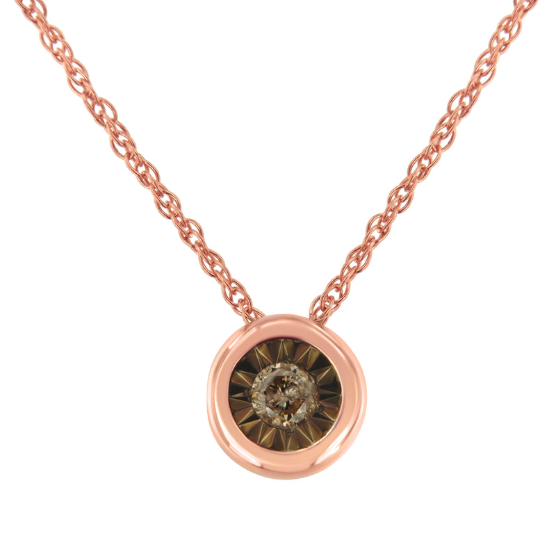 10K Rose Gold over .925 Sterling Silver 1/10 Carat Diamond 18" Round Miracle-Plate Two-Tone Pendant Necklace (K-L Champagne Color, I2-I3 Clarity)