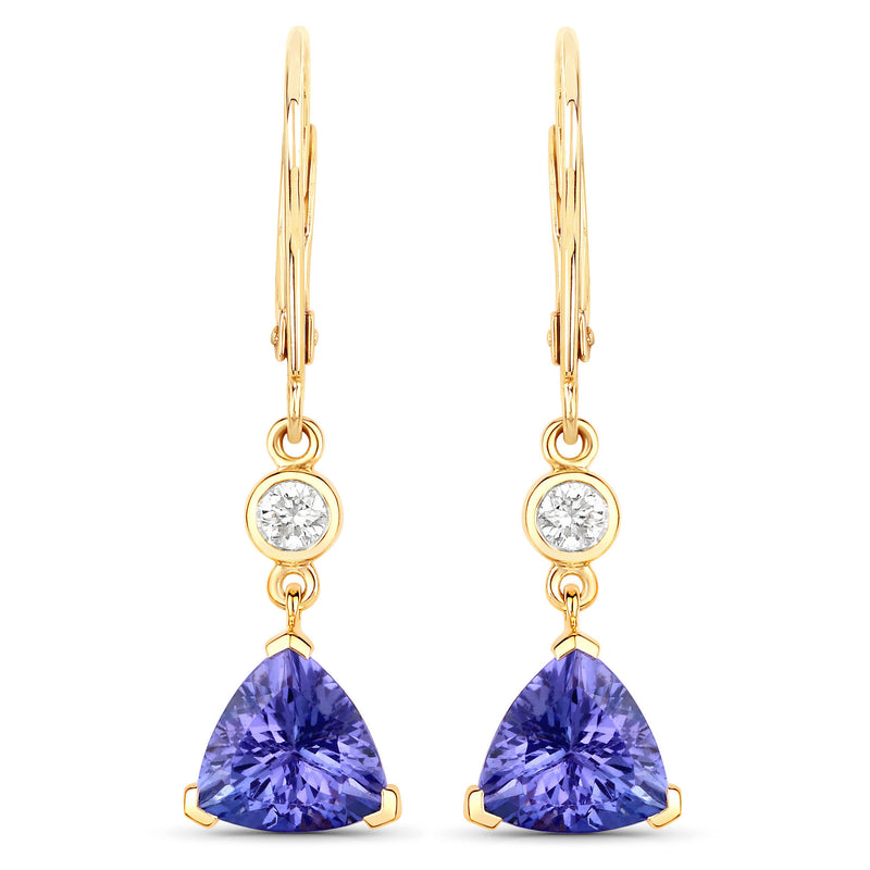 4.44 Carat Genuine Tanzanite and White Diamond 14K Yellow Gold Earrings