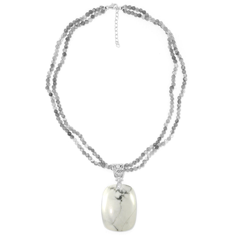 V3 Jewelry Natural Howlite Sterling Silver Pendant with Two Row bead Chain -18"