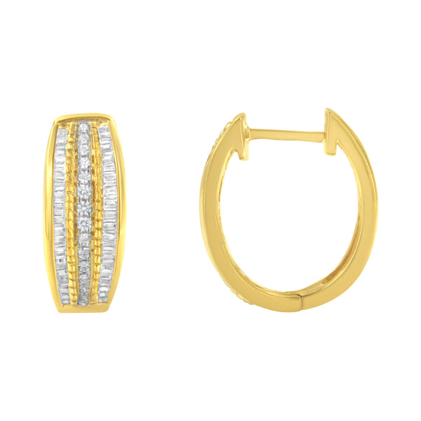 10K Yellow Gold 3/4 Cttw Pave and Channel Set Diamond Triple Row Modern Hoop Earrings (I-J Color, I2-I3 Clarity)