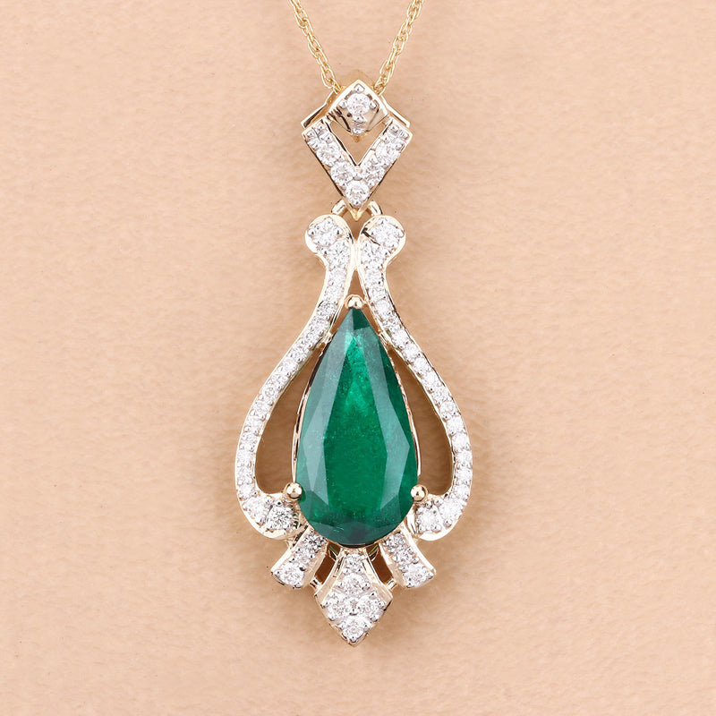 IGI Certified 3.49 Carat Genuine Zambian Emerald and White Diamond 14K Yellow Gold Pendant