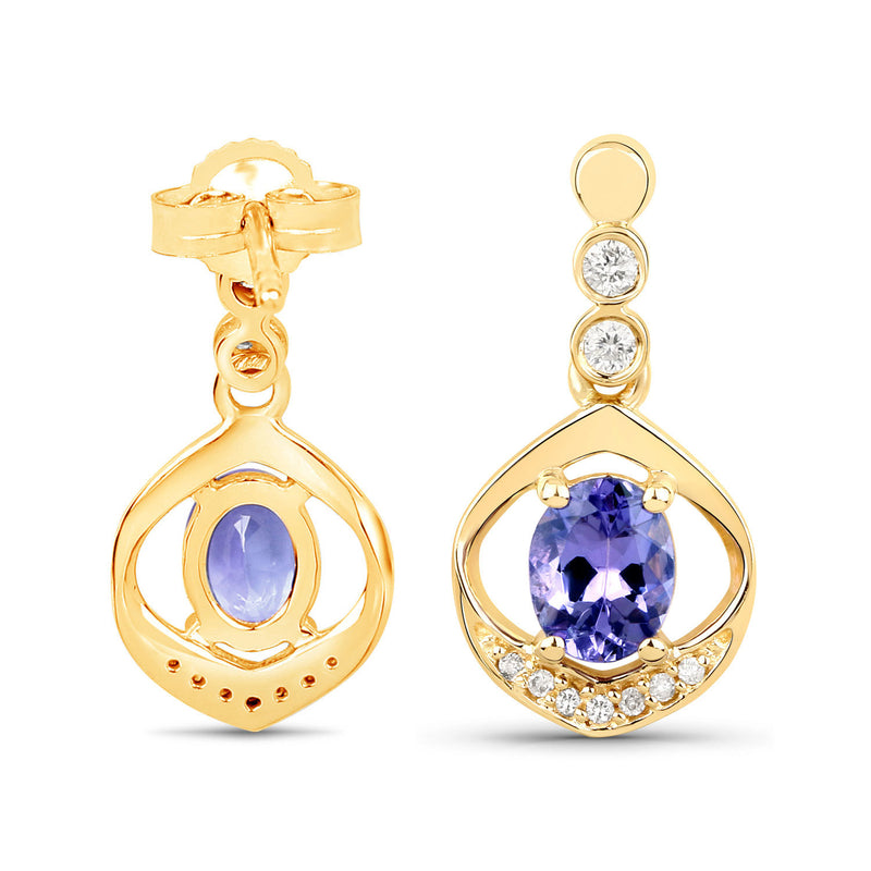 0.76 Carat Genuine Tanzanite and White Diamond 14K Yellow Gold Earrings