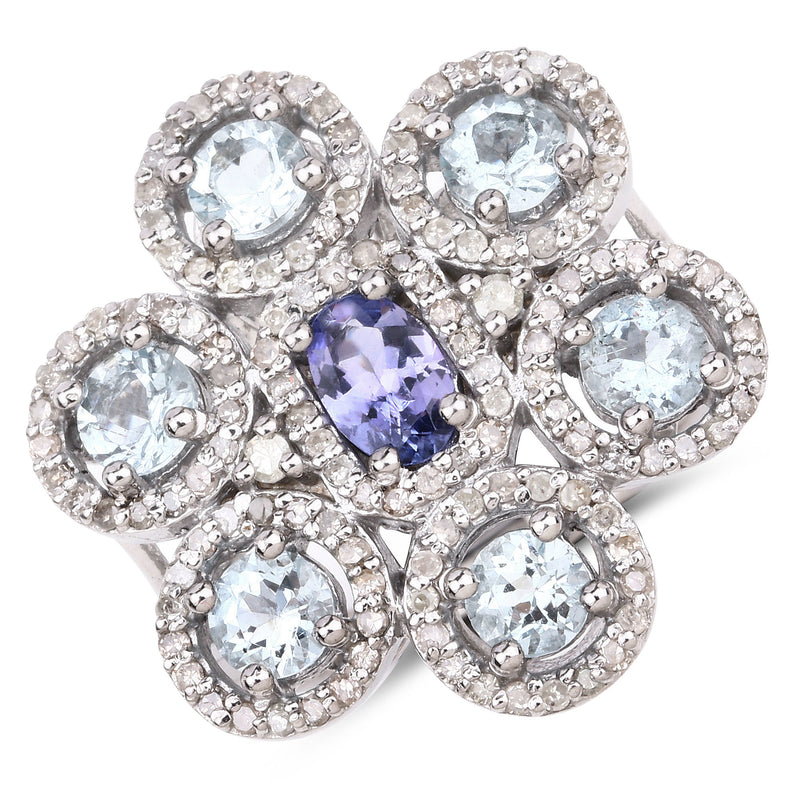 2.62 Carat Genuine Aquamarine, Tanzanite and White Diamond .925 Sterling Silver Ring