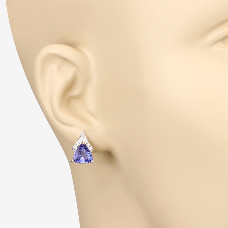 4.46 Carat Genuine Tanzanite and White Diamond 14K Yellow Gold Earrings