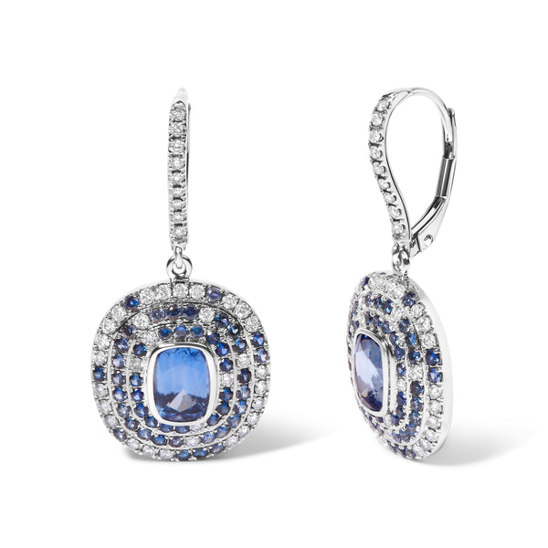 18K White Gold Natural Blue Sapphire and Diamond Scattered Halo Drop and Dangle Leverback Earrings (H-I Color, SI1-SI2 Clarity)