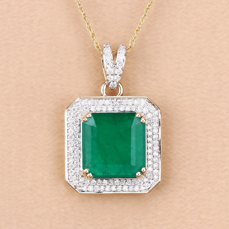 IGI Certified 3.92 Carat Genuine Zambian Emerald and White Diamond 14K Yellow Gold Pendant