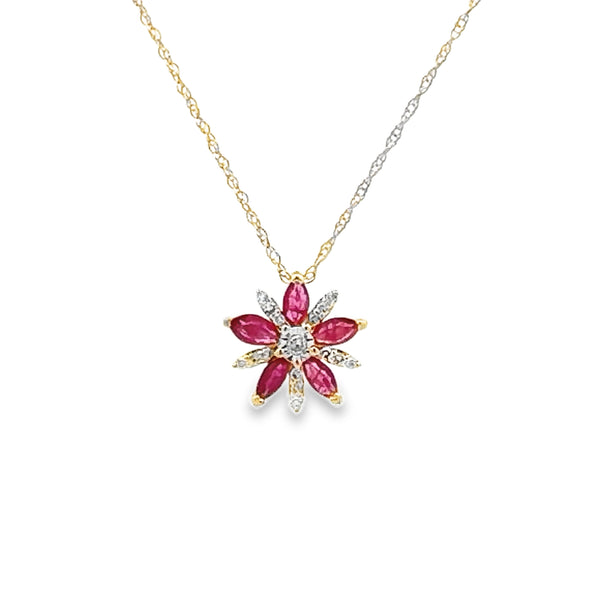 .44ct Ruby Diamond Flower Pendant 10KT Yellow Gold