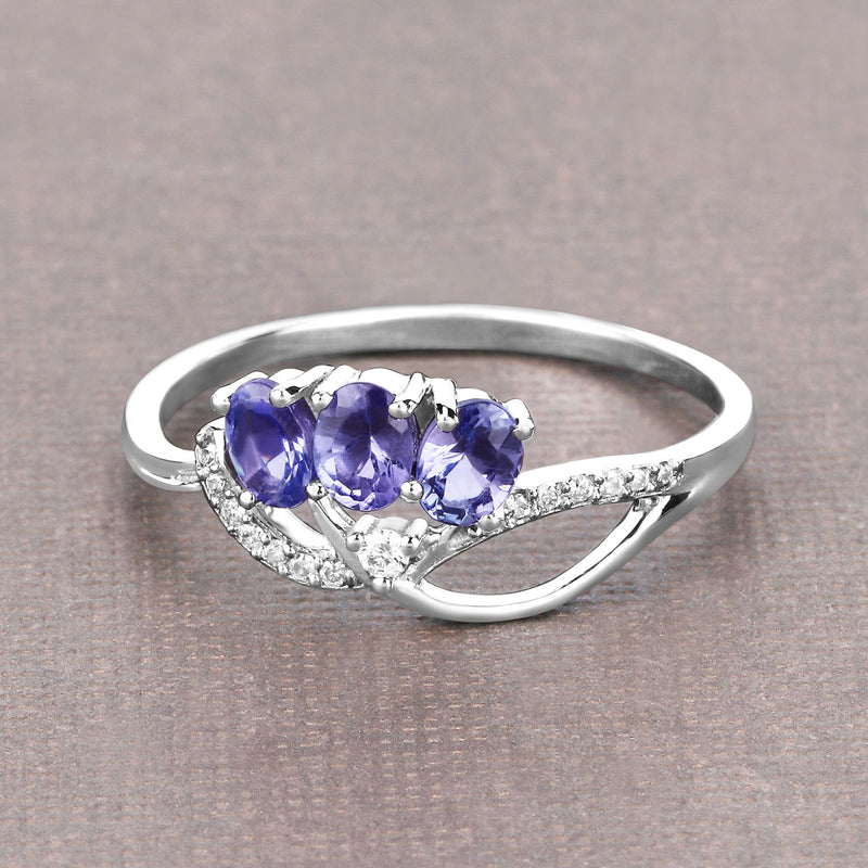 0.57 Carat Genuine Tanzanite and White Diamond 14K White Gold Ring