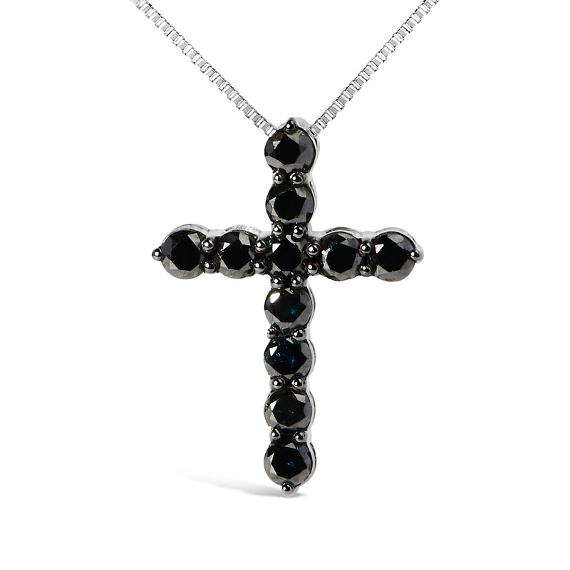 .925 Sterling Silver and Black Rhodium 1.0 Cttw Black Diamond Cross Pendant Necklace (Black Color, I2-I3 Clarity) - 18" Inches