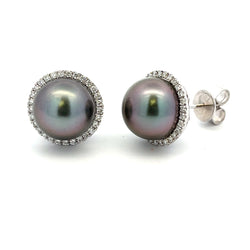 Tahitian Pearl Diamond Stud Earrings 14KT White Gold