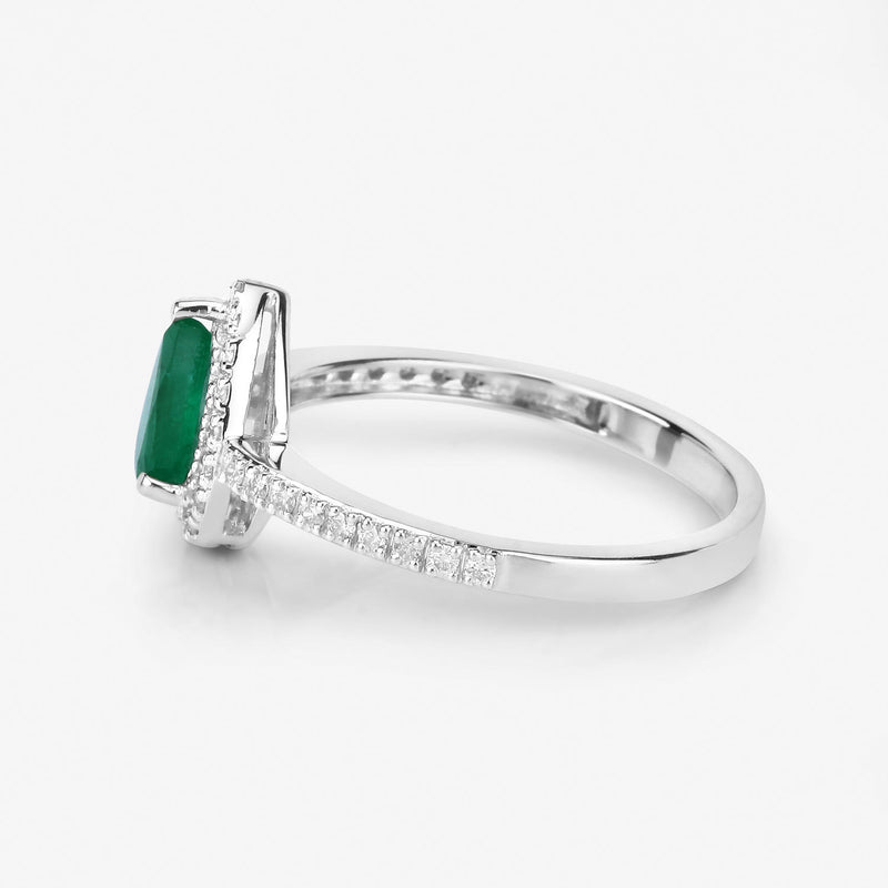 0.88 Carat Genuine Zambian Emerald and White Diamond 14K White Gold Ring