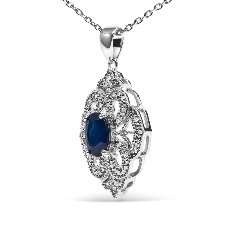 .925 Sterling Silver 7x5 MM Oval Blue Sapphire and Diamond Accent Art Deco Style Shield Shaped 18" Pendant Necklace (I-J Color, I3 Clarity)