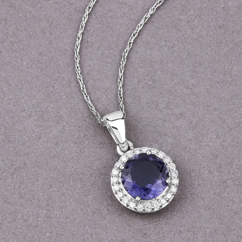 1.71 Carat Genuine Iolite and White Diamond 14K White Gold Pendant