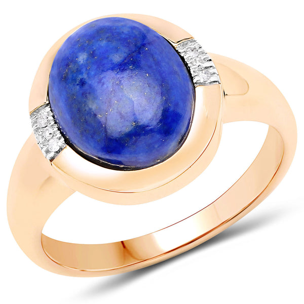 4.22 Carat Genuine Lapis and White Diamond 14K Yellow Gold Ring