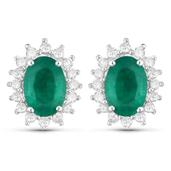 1.86 Carat Genuine Zambian Emerald and White Diamond 14K White Gold Earrings