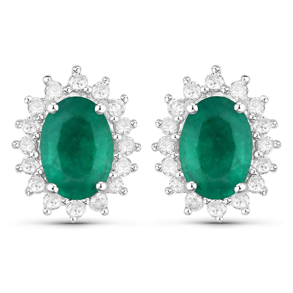 1.86 Carat Genuine Zambian Emerald and White Diamond 14K White Gold Earrings