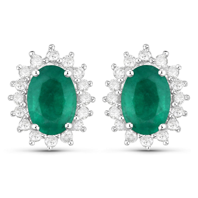 1.86 Carat Genuine Zambian Emerald and White Diamond 14K White Gold Earrings