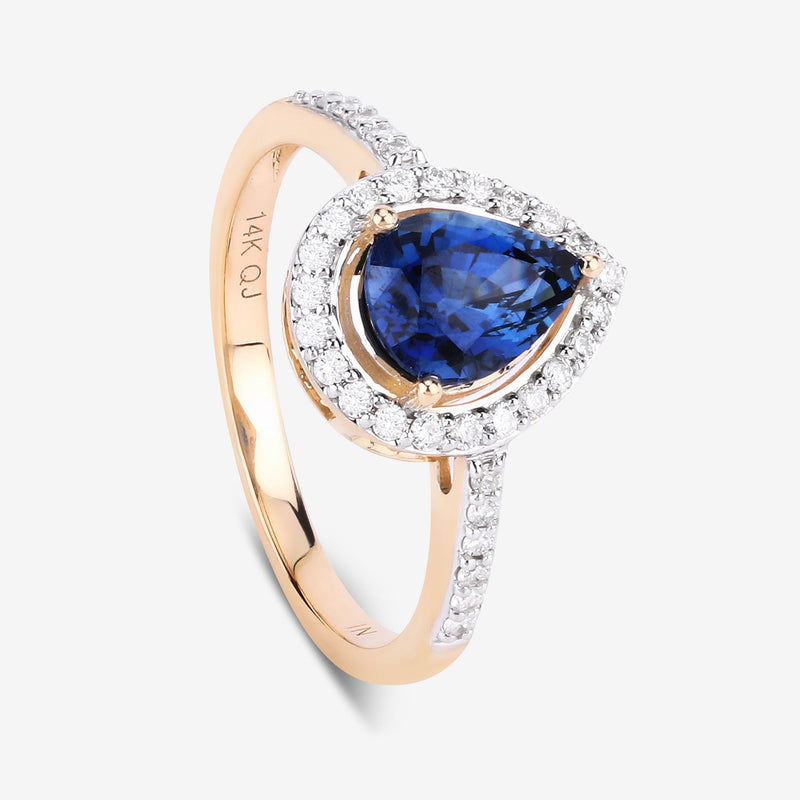 1.71 Carat Genuine Blue Sapphire and White Diamond 14K Yellow Gold Ring