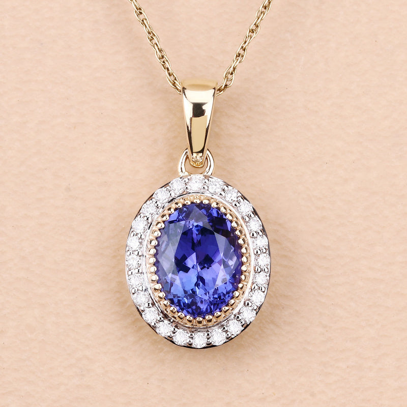 2.13 Carat Genuine Tanzanite and White Diamond 14K Yellow Gold Pendant