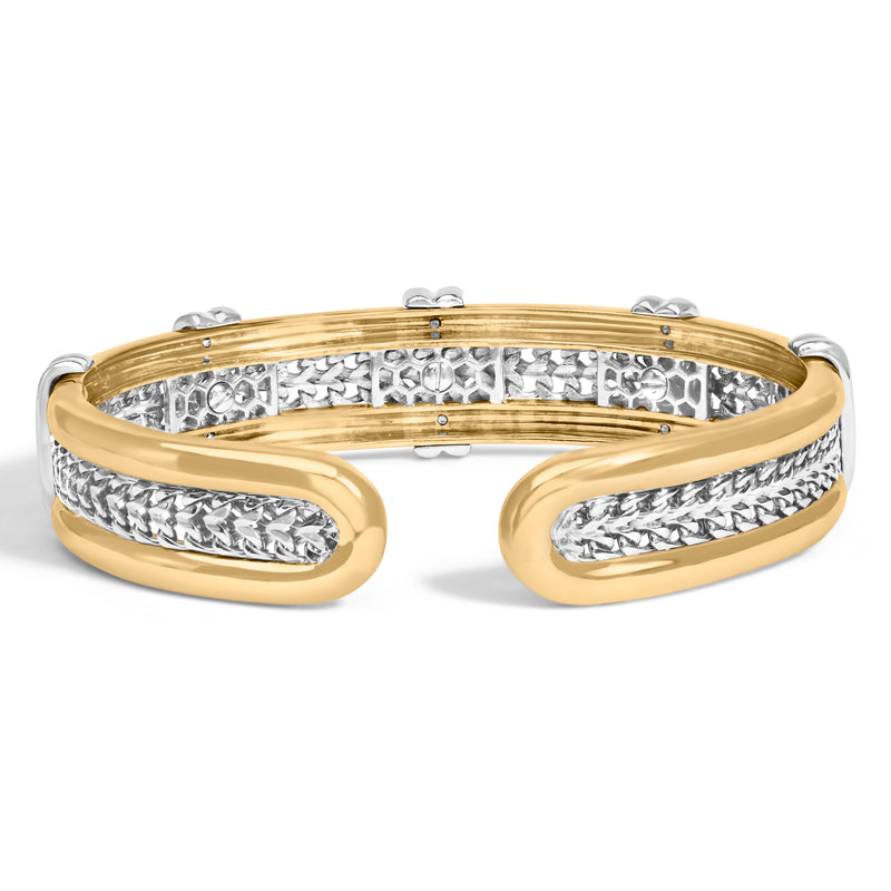 18K Two-Tone Gold 1 1/2 Cttw Diamond Open Cuff Bangle Bracelet Braided Detail Geometric Centerpiece (G-H Color, VS1-VS2 Clarity)