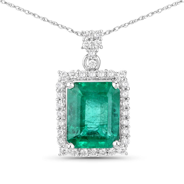 IGI Certified 3.11 Carat Genuine Zambian Emerald and White Diamond 14K White Gold Pendant