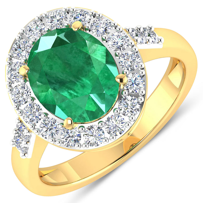 3.04 Carat Genuine Zambian Emerald and White Diamond 14K Yellow Gold Ring