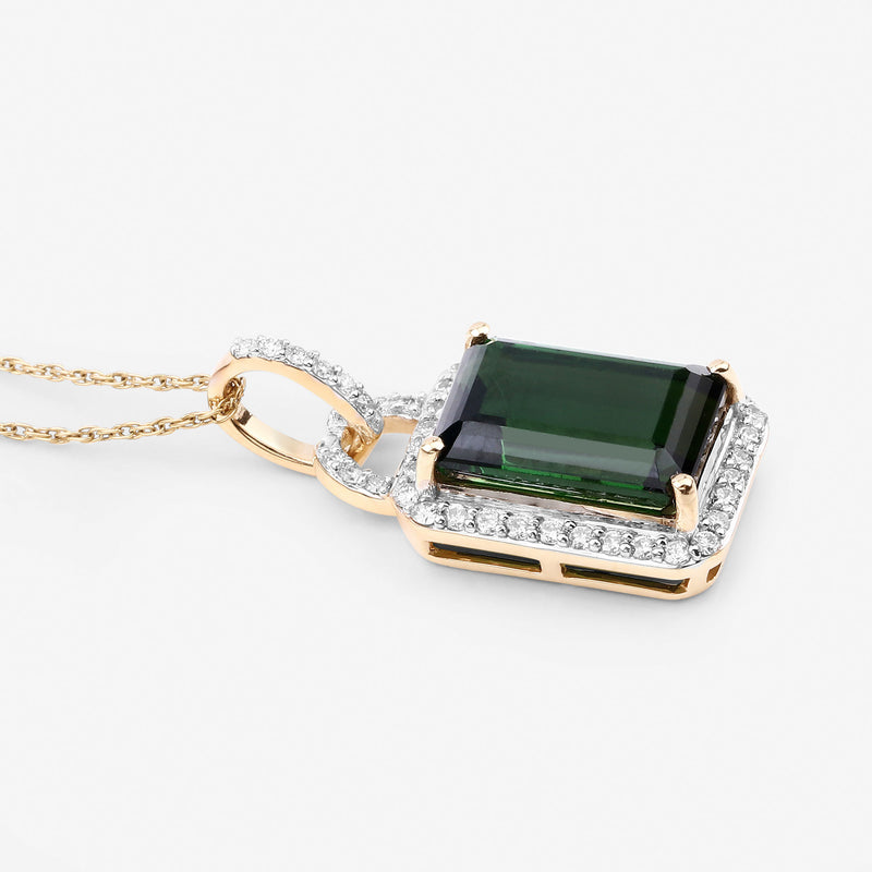 6.30 Carat Genuine Green Tourmaline and White Diamond 14K Yellow Gold Pendant