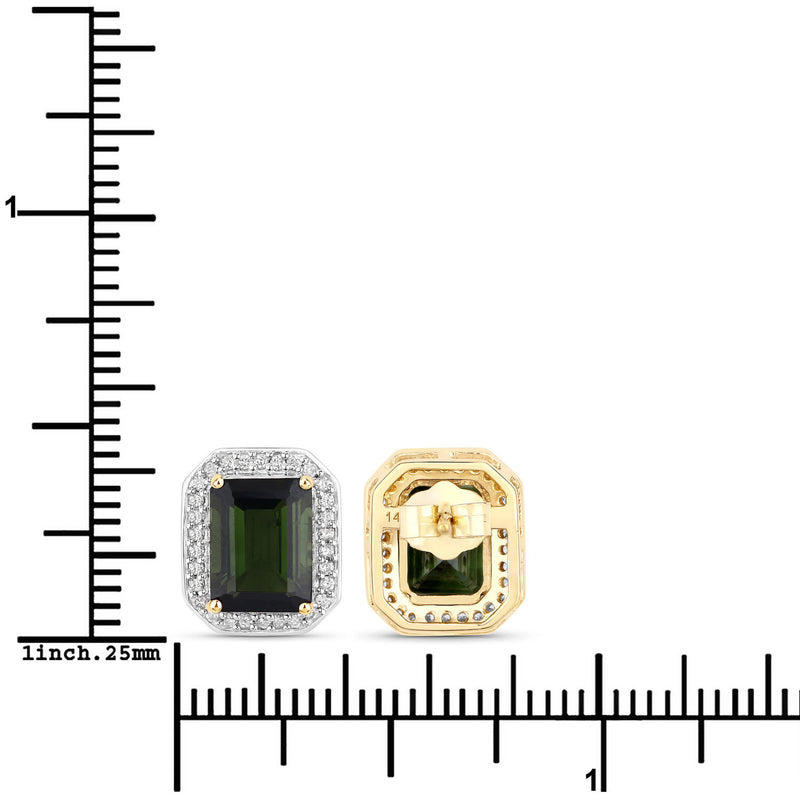 3.57 Carat Genuine Green Tourmaline and White Diamond 14K Yellow Gold Earrings