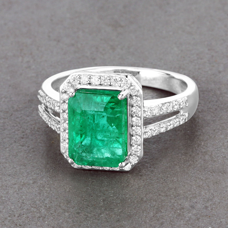 IGI Certified 3.66 Carat Genuine Zambian Emerald and White Diamond 14K White Gold Ring