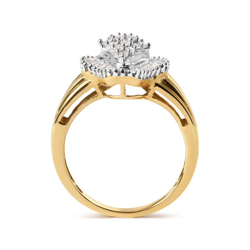 10K Yellow Gold 1/2 Cttw Round And Baguette-cut Diamond Rhombus Head and Halo Ring (I-J Color, I1-I2 Clarity) - Ring Size 7