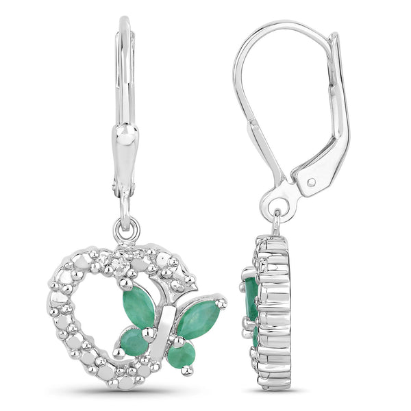 0.44 Carat Genuine Emerald and Created White Sapphire .925 Sterling Silver Earrings